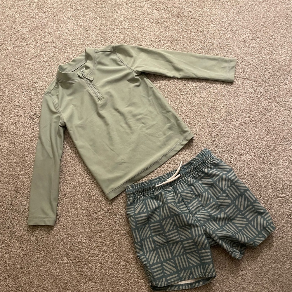 Kids Green Rash Guard Top with Patterned Swim Shorts